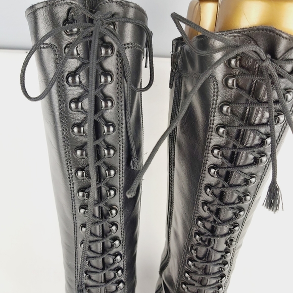 Vintage retro black laced lace up heeled leather boots - Picture 4 of 14